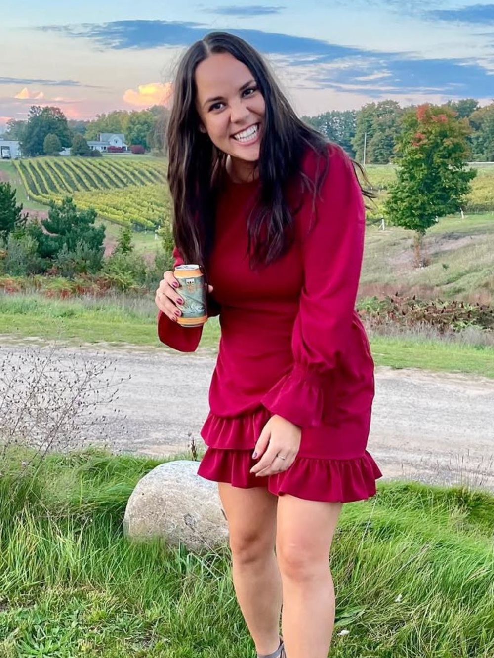 Women's Long-Sleeve Ruffle Hem Mini Dress - Wine